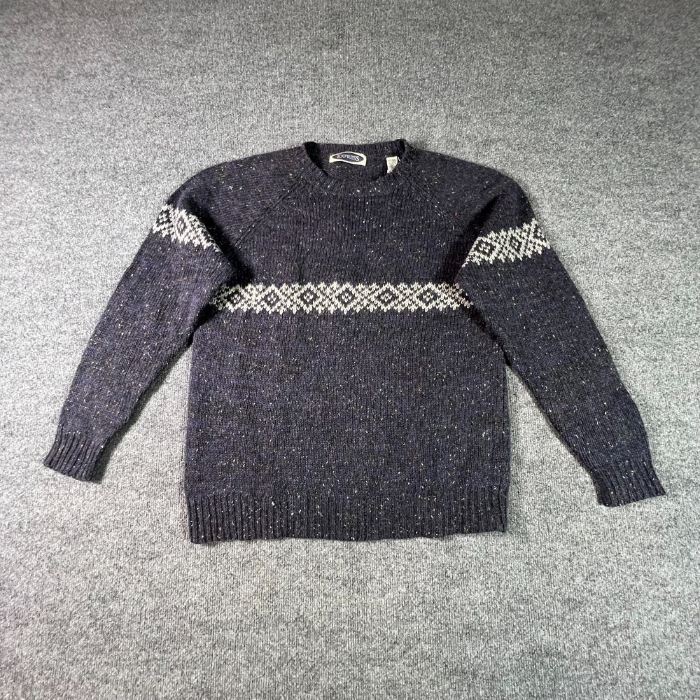 Vintage Express Sweater Mens Large Speckled Navy Fair Isle Knit Raglan Sleeve